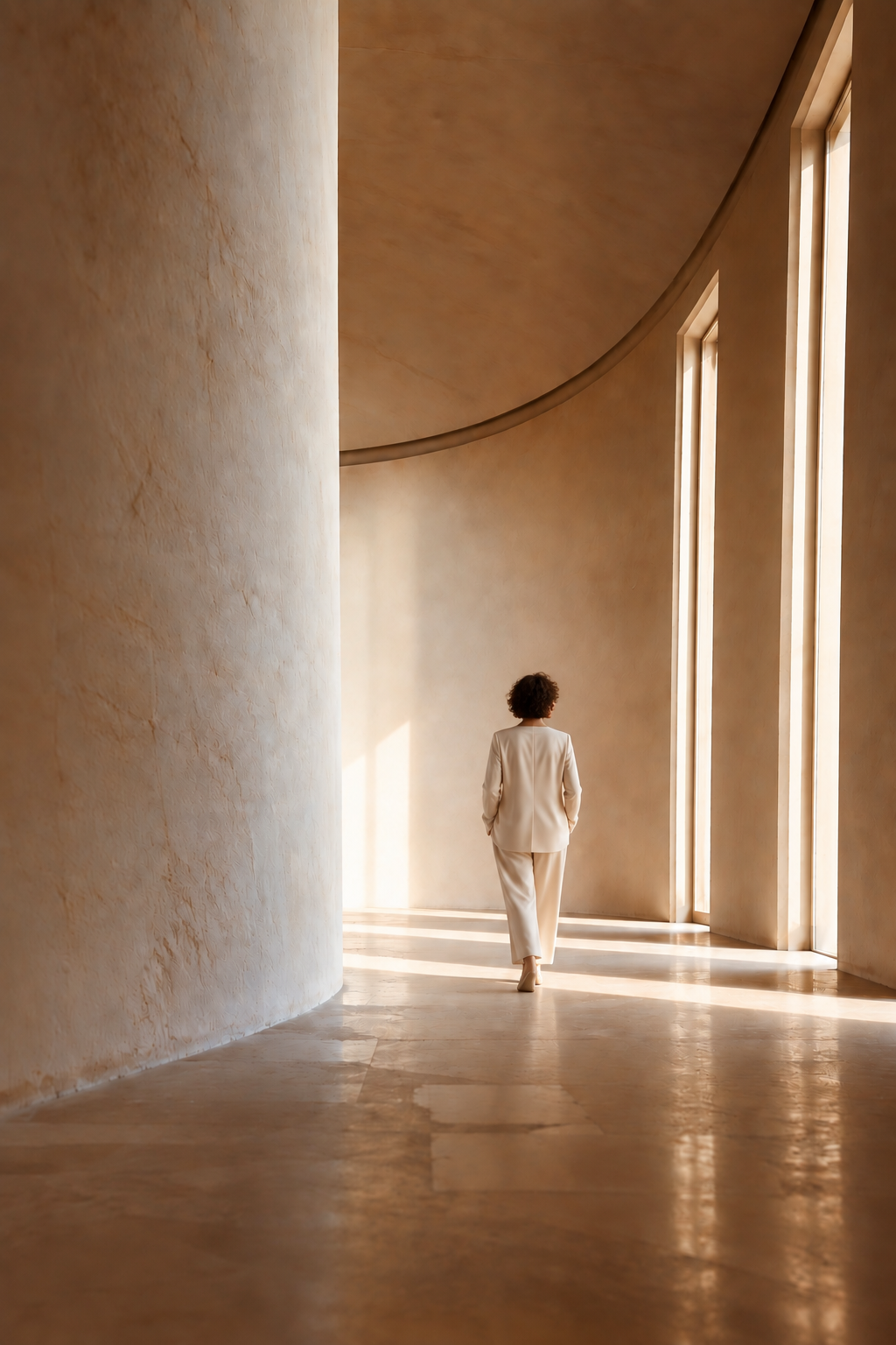 A figure walking through a vast, sunlit minimal interior — movement toward what comes next